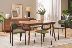 Chaises design en tissu effet velours texturé vert kaki, métal noir et cannage rotin (lot de 2) MIRANDA