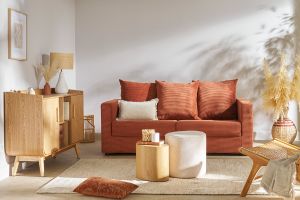 Canapé convertible 3 places en tissu velours côtelé terracotta avec matelas 13 cm BACIO