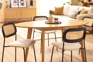 Chaises design en tissu effet velours texturé beige, métal noir et cannage rotin (lot de 2) MIRANDA