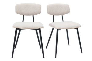 Chaises vintage en bois clair chêne assises tissu chenille beige et métal noir (lot de 2) JOLINE