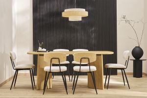 Chaises vintage en bois clair chêne assises tissu chenille beige et métal noir (lot de 2) JOLINE