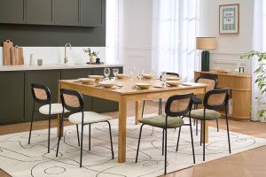 Chaises design en tissu effet laine bouclée blanc, métal noir et cannage rotin (lot de 2) MIRANDA