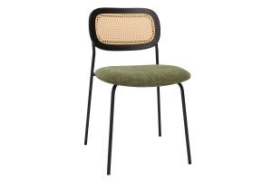 Chaises design en tissu effet velours texturé vert kaki, métal noir et cannage rotin (lot de 2) MIRANDA
