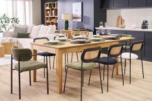 Chaises design en tissu effet velours texturé vert kaki, métal noir et cannage rotin (lot de 2) MIRANDA