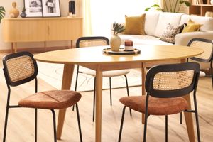 Chaises design en tissu effet velours texturé terre brulée, métal noir et cannage rotin (lot de 2) MIRANDA