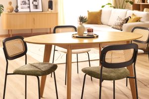 Chaises design en tissu effet velours texturé vert kaki, métal noir et cannage rotin (lot de 2) MIRANDA