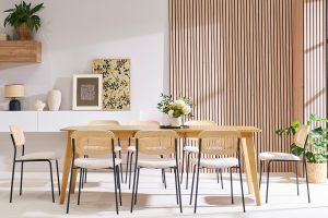 Chaises design en tissu effet velours texturé beige, métal noir et cannage rotin (lot de 2) MIRANDA