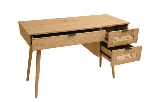 Bureau finition bois clair, cannage rotin et métal noir 3 tiroirs L120 cm MANILLE