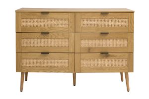 Commode finition bois clair, cannage en rotin et métal noir 6 tiroirs L120 cm MANILLE