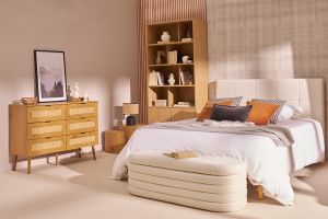 Commode finition bois clair, cannage en rotin et métal noir 6 tiroirs L120 cm MANILLE