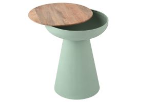 Table d'appoint ronde design avec rangement en métal vert céladon et bois manguier massif H52 cm TAM