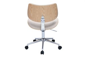Chaise de bureau à roulettes design en tissu effet velours texturé beige, bois clair chêne et métal MALMO