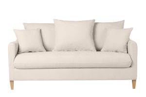 Canapé convertible scandinave 3 places en tissu effet velours beige et bois clair LOUISE