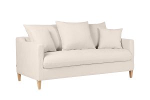 Canapé convertible scandinave 3 places en tissu effet velours beige et bois clair LOUISE