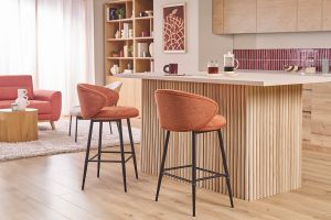 Tabourets de bar design en tissu effet velours texturé terre brûlée et métal noir (lot de 2) ROSALIE