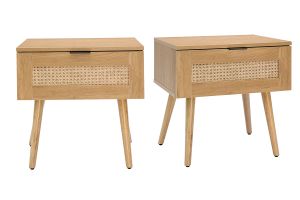 Comodini finitura legno chiaro, motivo a intreccio rattan e metallo nero L50 cm (set di 2) MANILLE