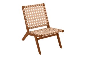 Fauteuil lounge en bois massif et sangles beiges LUCEA