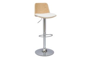Tabouret de bar réglable blanc, bois clair et pied chromé DOA