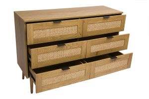 Commode finition bois clair, cannage en rotin et métal noir 6 tiroirs L120 cm MANILLE