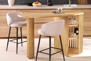 Tabourets de bar design en tissu effet velours texturé beige et métal noir (lot de 2) ROSALIE