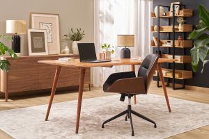 Chaise de bureau design pivotante 360° noire, bois foncé et métal noir MARLOW