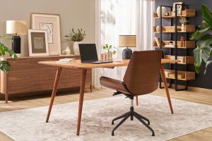Chaise de bureau design pivotante 360° noire, bois foncé et métal noir MARLOW