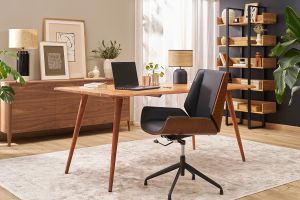 Sedia da ufficio design girevole a 360° nera, legno scuro noce e metallo nero CURVED