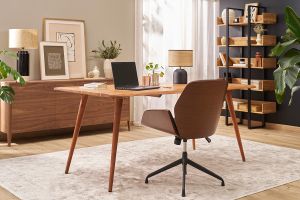 Sedia da ufficio design girevole a 360° nera, legno scuro noce e metallo nero CURVED