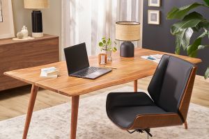 Sedia da ufficio design girevole a 360° nera, legno scuro noce e metallo nero CURVED