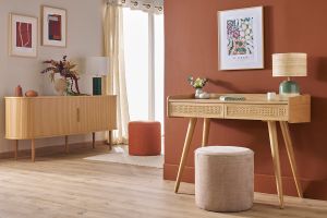 Ufficio design con 2 cassetti in legno chiaro e intreccio di midollino L105 cm ELSY