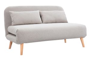 Chauffeuse 2 places convertible en tissu effet velours texturé beige et bois clair AMIKO
