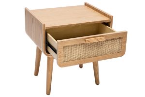 Tables de chevet avec tiroir en bois clair frêne et cannage rotin (lot de 2) ATHÈNE