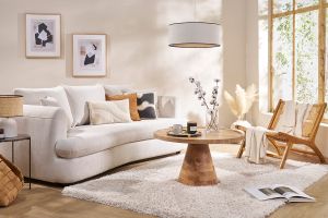Canapé déhoussable 3-4 places design haricot en tissu effet velours beige clair SACHA