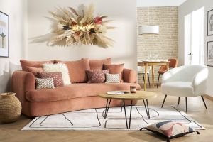 Canapé déhoussable 3-4 places design haricot en tissu effet velours terre brûlée SACHA