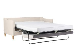 Canapé convertible scandinave 3 places en tissu effet velours beige et bois clair LOUISE
