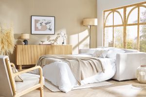 Canapé convertible 3 places en tissu velours côtelé beige avec matelas 13 cm BACIO