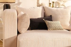 Canapé d'angle gauche 3 places en tissu velours côtelé beige et bois clair HARLEM