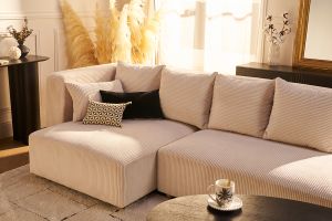 Canapé d'angle gauche 3 places en tissu velours côtelé beige et bois clair HARLEM