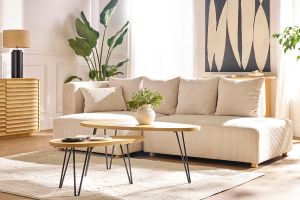 Canapé d'angle gauche 3 places en tissu velours côtelé beige et bois clair HARLEM