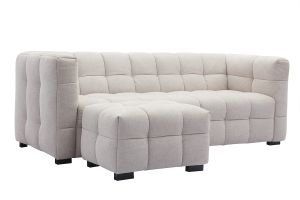 Canapé design 3 places et repose-pieds en tissu effet velours texturé beige CORTO