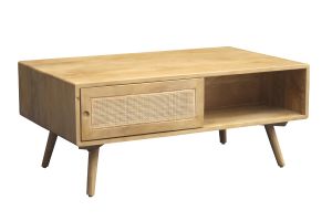 Table basse rectangulaire avec rangements en bois manguier massif et cannage rotin L100 cm ACANGE