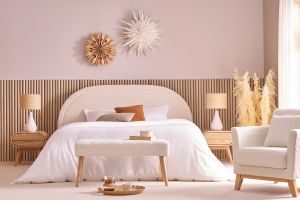 Banc scandinave capitonné en tissu effet laine bouclée blanc et bois clair L96 cm GUESTA