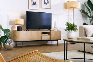 Meuble TV design bois clair et métal noir avec rangements L180 cm SKYE