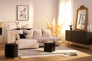 Pouf rond en velours noir et métal doré D40 cm DONA