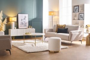 Pouf rond en tissu effet laine bouclée blanc cassé et métal doré D40 cm AMAYA