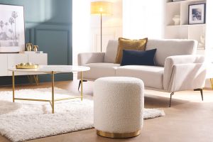 Pouf rond en tissu effet laine bouclée blanc cassé et métal doré D40 cm AMAYA