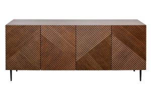 Buffet design en bois foncé chêne massif gravé et métal noir 4 portes L180 cm ARCHIPEL