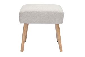 Sgabello basso in tessuto effetto lana bouclé bianco e legno massello chiaro H46 cm GUESTA