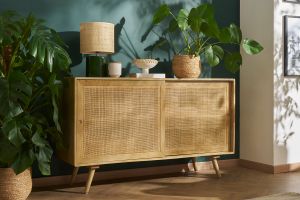 Lampe à poser en céramique vert foncé et abat-jour en raphia naturel H40 cm TIGA