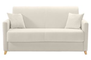 Canapé convertible 2-3 places en tissu beige et bois clair avec matelas 13 cm SKANDY